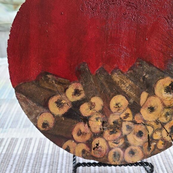 Stacked Wood Painted On 7.25" Wood Disc - Abstract Art - Yellow, Red Handpainted - Picture 4 of 15